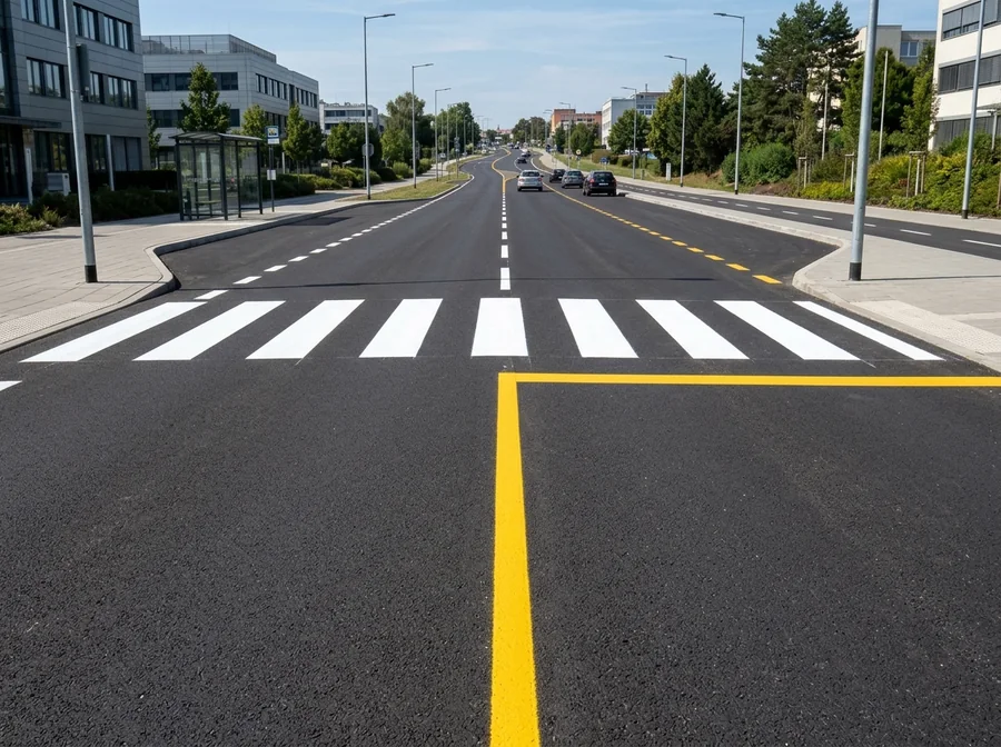Hasil pengerjaan marka jalan garis membujur kuning putih dan zebra cross rapi serta presisi
