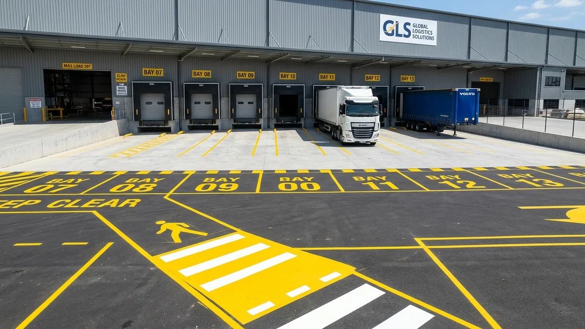 Pengecatan marka garis kuning slot parkir truk dan jalur pejalan kaki kawasan pergudangan industri