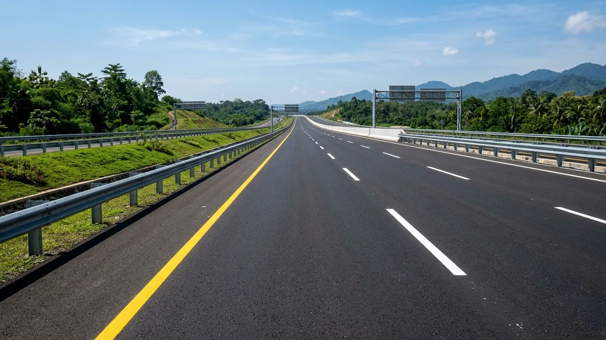 Hasil pengerjaan marka jalan tol presisi garis putih putus-putus dan garis kuning tepi jalan mulus